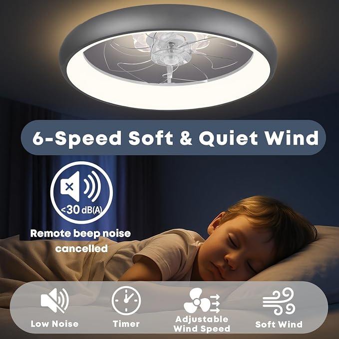Fszdorj 20'' Ceiling Fan with Light, Upgraded Low Profile Ceiling Fan with Light, Dimmable Flush Mount Ceiling Fan with Light, Fan light, 6 Speeds, App & Remote Control, Quiet Fan for Bedroom, Kitchen