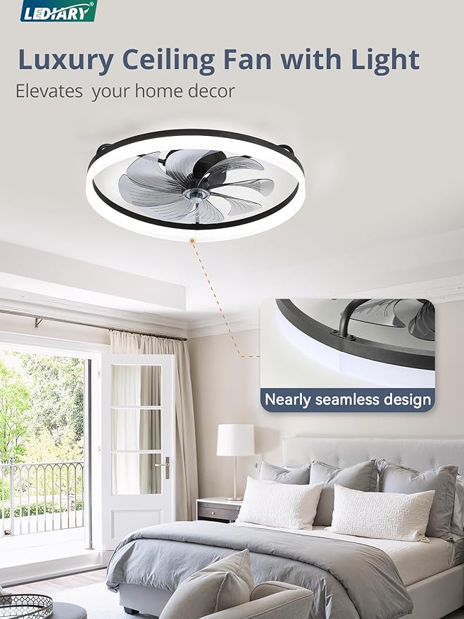 LEDIARY Ceiling Fans with Lights, 23 inch Low Profile Flush Mount Ceiling Fan, Dimmable LED, APP & Remote Control, Quiet Reversible DC Motor, 6 Speeds, Fandelier for Bedroom, Black