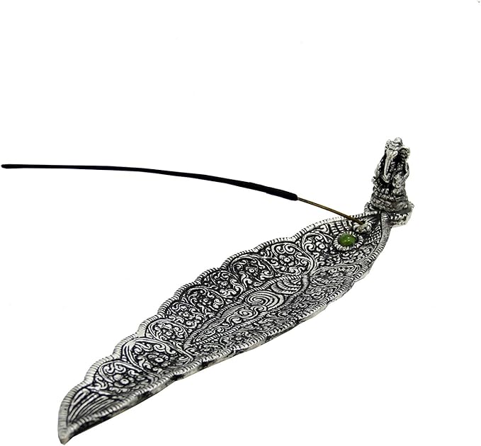 Leaf Shaped Incense Stick Holder Handcrafted in Aluminum with Miniature Figures (Ganesha)