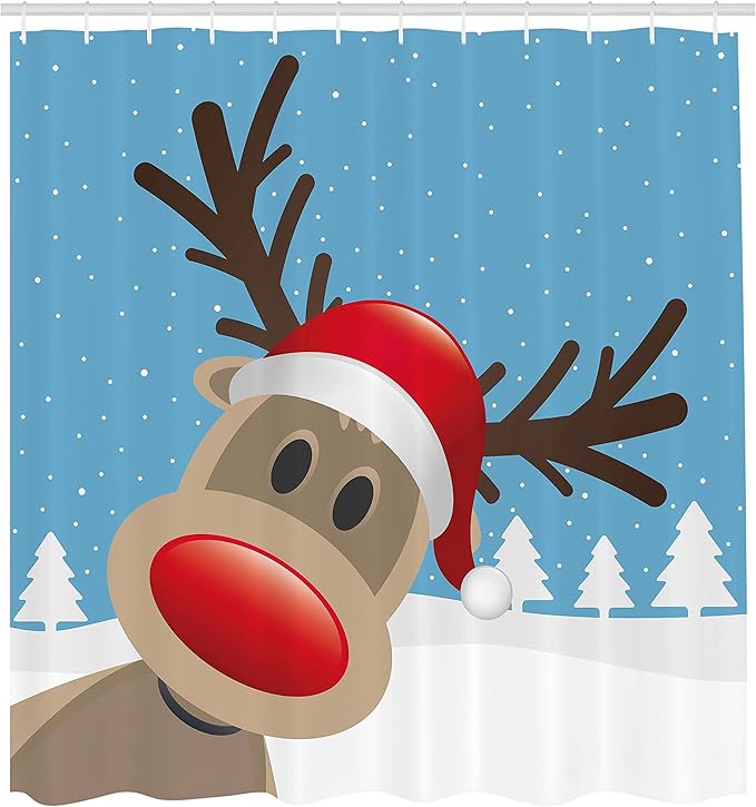 Ambesonne Christmas Shower Curtain, Reindeer Rudolph Red Nose and Santa Claus Hat Snowy Forest, Cloth Fabric Bathroom Decor Set with Hooks, 69" W x 84" L, Brown Blue