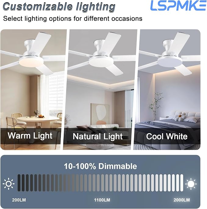 Ceiling Fans with Lights, 52 inch Flush Mount Ceiling fan with Remote Control, Low Profile Ceiling Fan for Bedroom, Farmhouse, Reversible, 3CCT, Dimmable, Noiseless DC Motor, White