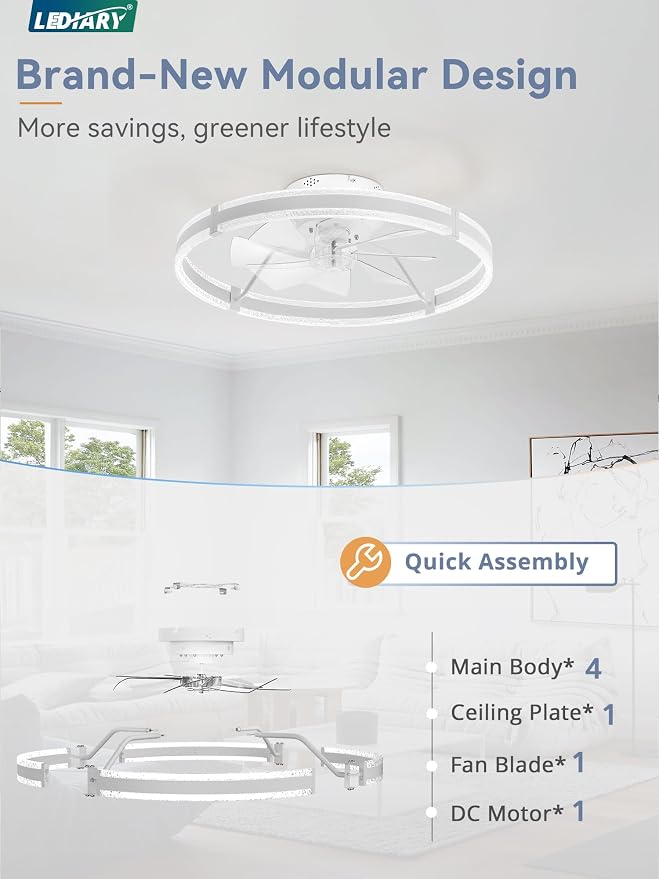 LEDIARY Ceiling Fans with Lights and Remote, 24'' Low Profile Ceiling Fan with Light, 3000-6000K Dimmable Fandelier Ceiling Fans, Modern Flush Mount Fan Light for Bedroom with 6 Wind Speeds- White