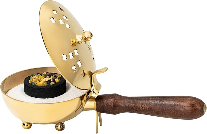 Brass Charcoal Incense Burner with Wooden Handle – 8×4 Inch Incense Pan with Hinged Lid – Handmade in India – MaMeMi