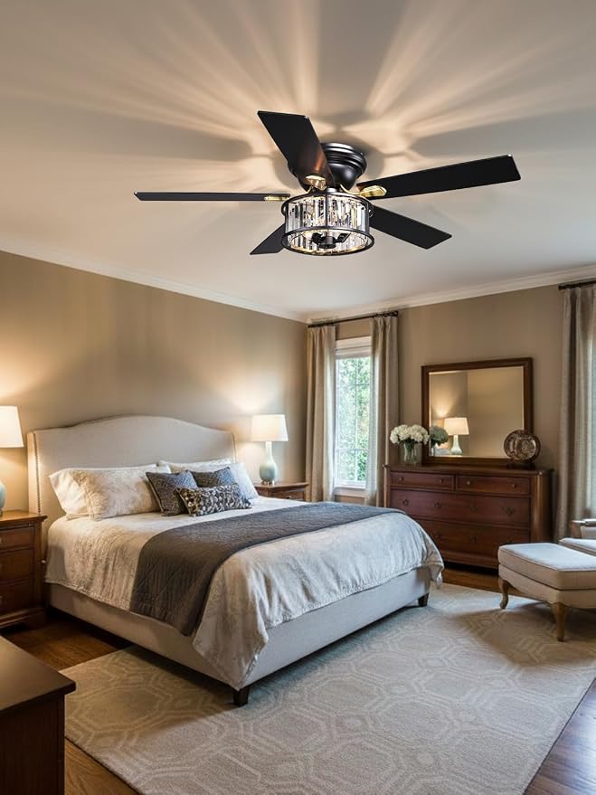 52 inch Flush Mount Ceiling Fan with Light Remote Control | Low Profile Crystal Chandelier Fandeliers 5 Reversible Blades Indoor Farmhouse Ceiling Fans for Bedroom Living Room Kitchen