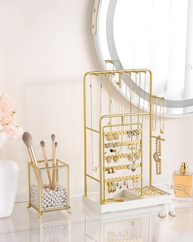 ProCase Jewelry Stand Holder Organizer and Storage, Gold (No-Assembly) | Rotating Earring Bracelet Holder Storage, Hanging Jewelry Display Velvet Ring Tray, Teen Girls Birthday Gifts Room Dorm Decor