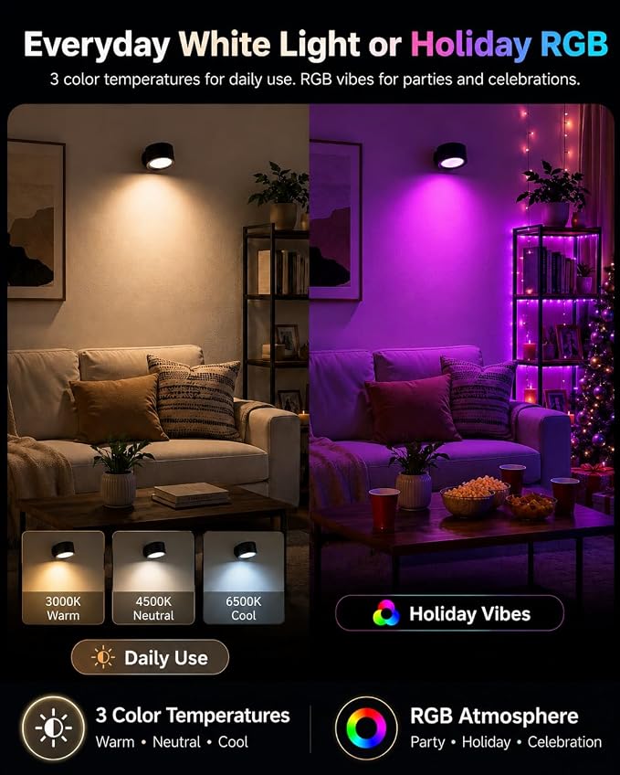 LED Wall Mounted Lights, Rechargeable Wall Sconces, 3 Color Temps, Remote & Touch, 360° Rotating and Dimmable for Bedroom, Bedside & Reading (Black-RGB, 1 Pack)