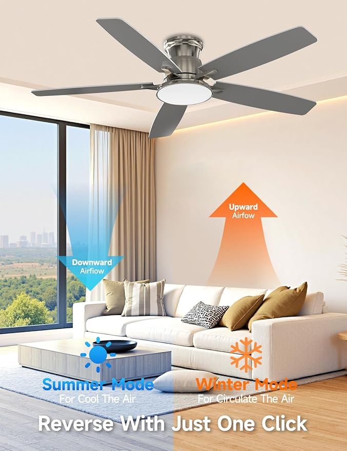 Flush Mount Ceiling Fan with Light, 52 Inch, Remote Control, 3CCT Dimmable LED, 6-Speed Silent Reversible DC Motor, Low Profile Hugger Ceiling Fan for Indoor/Outdoor 90-264V 50/60Hz Brushed Nickel