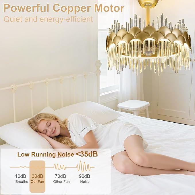 Depuley Bedroom Ceiling Fan with Lights: 20" Gold Chandelier Cagd Fan with Remote Control - Modern Crystal Fandelier for Girl's Bedroom Living Room Nursery