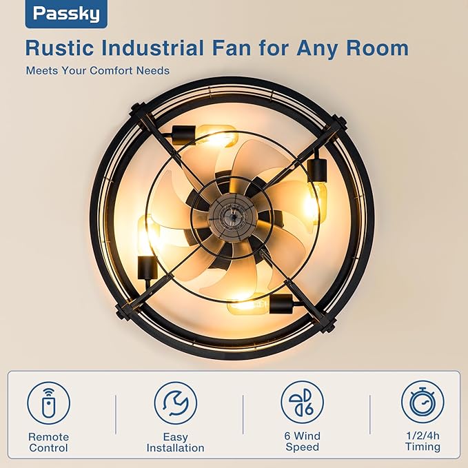 Passky 20" Farmhouse Flush Mount Ceiling Fans with Lights and Remote, Industrial Black Caged Low Profile Fandelier, 6 Speeds Bladeless Ceiling Fan for Bedroom, Kitchen, Living Room