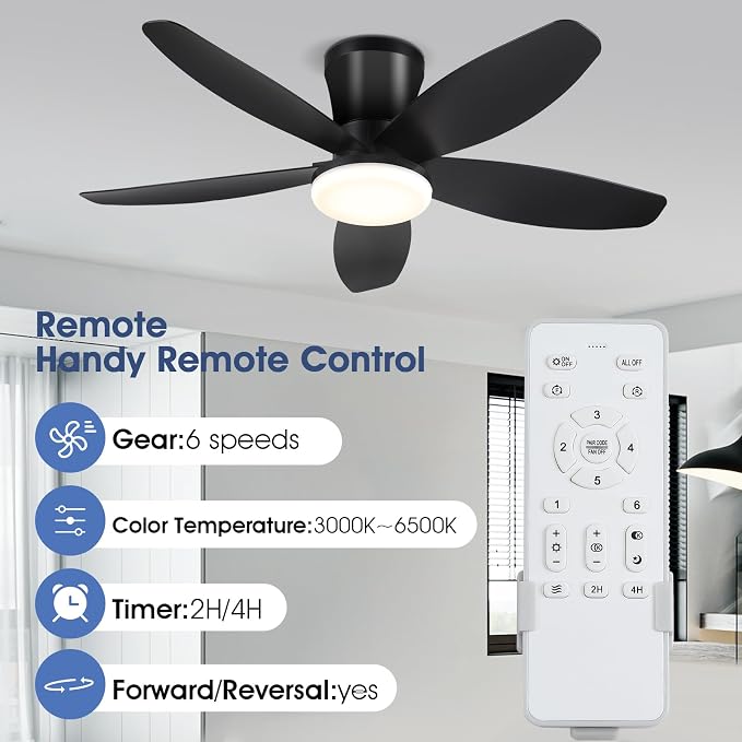 Surtime Ceiling Fans with Lights-36 Low Profile Ceiling Fan with Light and Remote Control,Flush Mount,DC Reversible,LED Dimmable Blakc Ceiling Fans for Bedroom,Indoor/Outdoor Patio Use