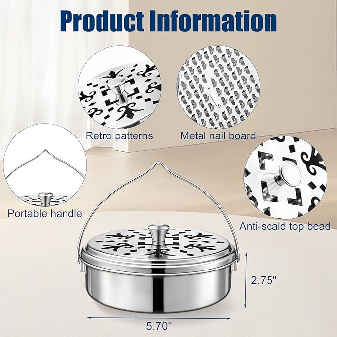 6 Pack Portable Mosquito Coil Holder Bulk with Handle Incense Coil Burner with Cover Fireproof Round Metal Mosquito Sandalwood Incense Box for Outdoor Use Patio Pool Camping Fishing