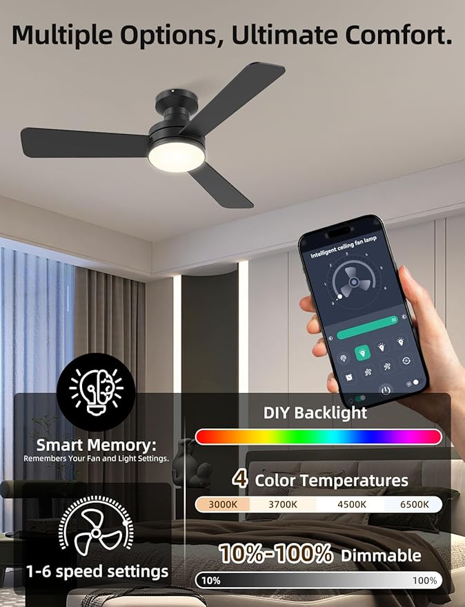 42 inch RGB Ceiling Fan with Light, Smart App & Remote Control Low Profile Flush Mount, Music Sync Lighting, 6-Speed Quiet Reversible DC Motor, 4CCT Dimmable for Home Office Party,Black