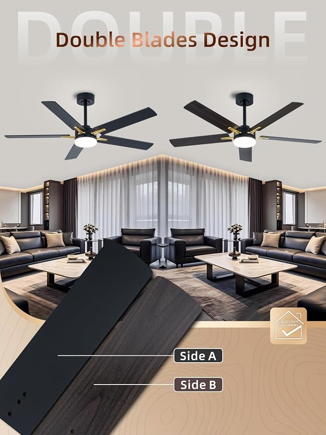 LANMEL 52 Inch Ceiling Fans with Lights, App&Remote Control, Low Profile Modern Ceiling Fan, 6 Speed, Reversible, 3000k-6500k Dimmable LED, Quiet DC Motor for Indoor Outdoor Use, Gold Black