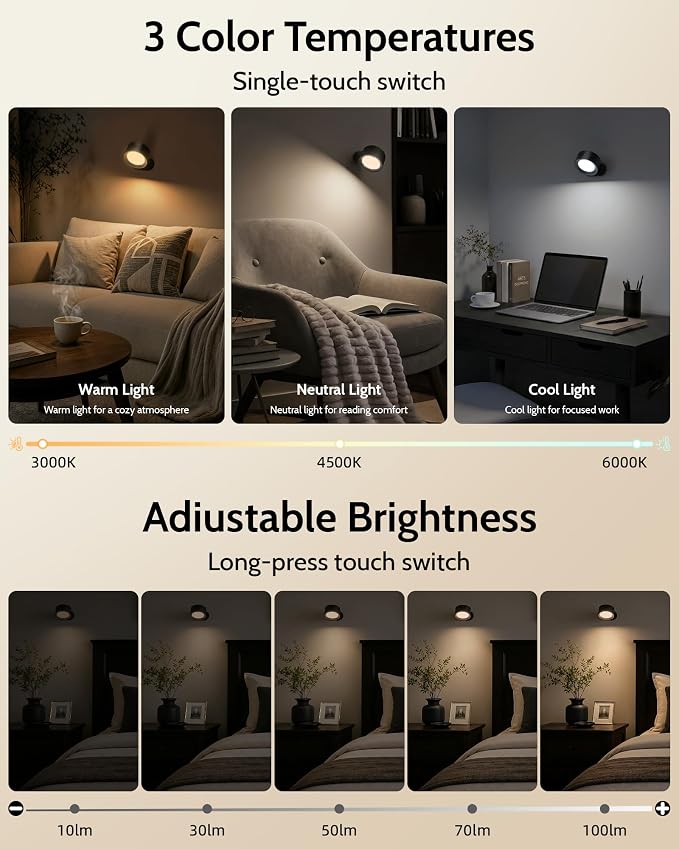 LED Wall Mounted Lights, Rechargeable Wall Sconces, 3 Color Temps, Remote & Touch, 360° Rotating and Dimmable for Bedroom, Bedside & Reading (Black, 2 Pack)