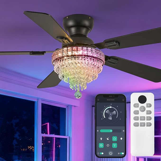 52“ Crystal Ceiling Fans with RGB Lights, Remote/App Control, Modern Fandelier Flush Mount, Reversible DC Motor, Dimmable, Noiseless Ceiling Fan for Bedroom, Living Room (Black)