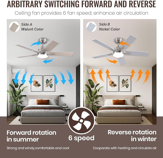 42 Inch Brushed Nickel Ceiling Fans with Lights and Remote, Reversible, 3CCT, Dimmable, Noiseless, Downrod, Small Ceiling Fan for Bedroom, Indoor/Outdoor Use