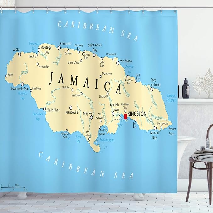 Ambesonne Jamaican Shower Curtain, Map of Jamaica Kingston Caribbean Sea Important Locations in Country, Cloth Fabric Bathroom Decor Set with Hooks, 69" W x 70" L, Pale Blue Beige Black