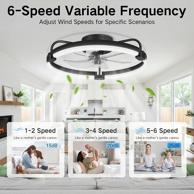 OUTON 20" Ceiling Fan with Light, Remote & App Control, Fandelier Low Profile Flush Mount Ceiling Fan with 3000K-6500K Stepless Dimmable, 6 Speed, Quiet DC Motor, Small Modern Ceiling Fans for Bedroom