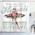Ambesonne Hawaiian Shower Curtain, Tropical Hawaii Hibiscus Surfing Girl Silhouette Surfboard Retro Themed Artprint, Cloth Fabric Bathroom Decor Set with Hooks, 69" W x 75" L, Fuchsia Green