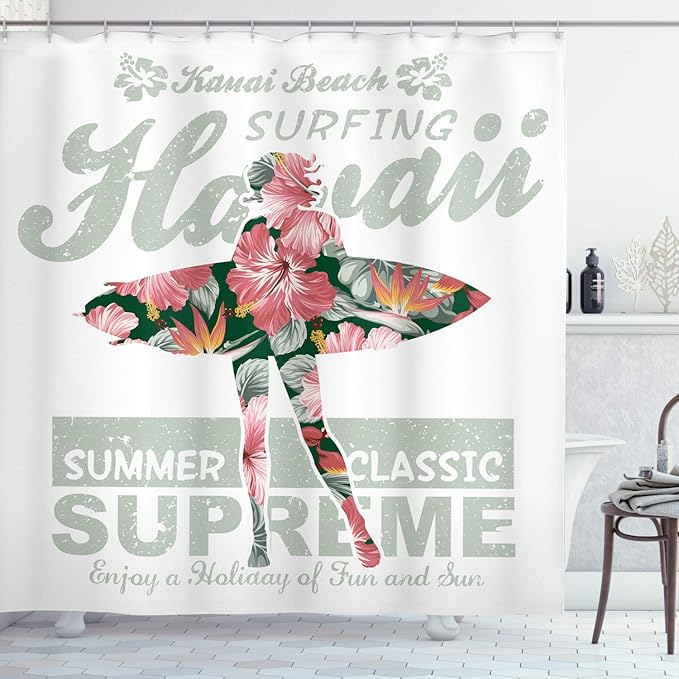 Ambesonne Hawaiian Shower Curtain, Tropical Hawaii Hibiscus Surfing Girl Silhouette Surfboard Retro Themed Artprint, Cloth Fabric Bathroom Decor Set with Hooks, 69" W x 75" L, Fuchsia Green