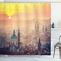 Ambesonne European Shower Curtain, Sunrise in Prague Old Medieval Town Historical Monumental Nostalgic Boho Form, Cloth Fabric Bathroom Decor Set with Hooks, 69" W x 75" L, Ruby