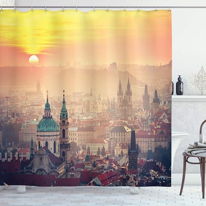 Ambesonne European Shower Curtain, Sunrise in Prague Old Medieval Town Historical Monumental Nostalgic Boho Form, Cloth Fabric Bathroom Decor Set with Hooks, 69" W x 75" L, Ruby