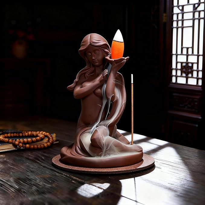 Incense Burner Backflow Ceramic Incense Holder Handmade Purple Sands Incense Sticks Censer for Home Decor Yoga Craftwork Figurine (C)
