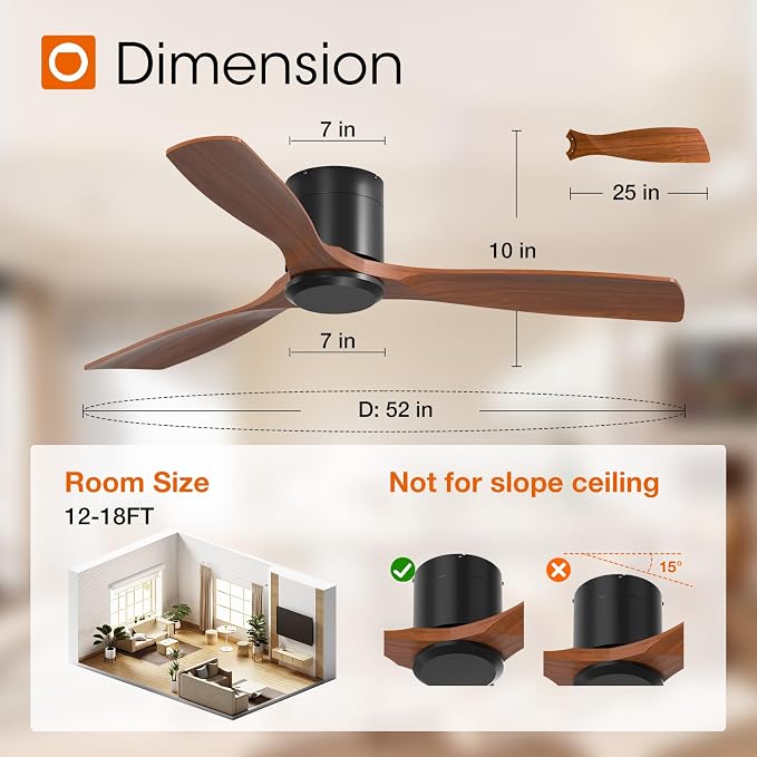 addlon 2 Pack 52 inch Ceiling Fans No Lights, Black Low Profile Ceiling Fan with Remote Control, Flush Mount, Reversible, 3 Wood Blades, 6 Speeds, Noiseless, Wood Ceiling Fan for Indoor/Outdoor Use