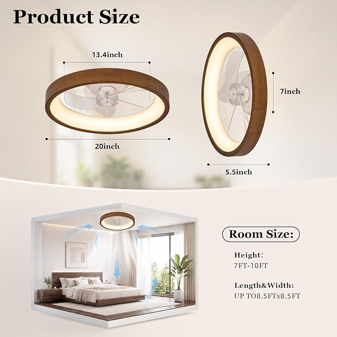 Ceiling Fans with Lights Low Profile Ceiling Fanwith Light and Remote/APP Control Dimmable LED Timing Wooden Walnut02