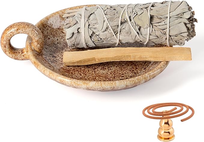 Ceramic Candle Holders with Handle, Palo Santo Holder for Burning, Vintage Farmhouse Smudge Incense Stick Bowl, Sage Burner Tray, Ash Catcher Plate for Meditation Room Home Decor (Khaki)