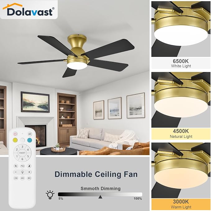 Ceiling Fans with Lights, 42 Inch Low Profile Ceiling Fan with Light and Remote Control, Flush Mount, Reversible, 3CCT, Dimmable LED, Quiet, Gold Ceiling Fan for Bedroom, Kitchen