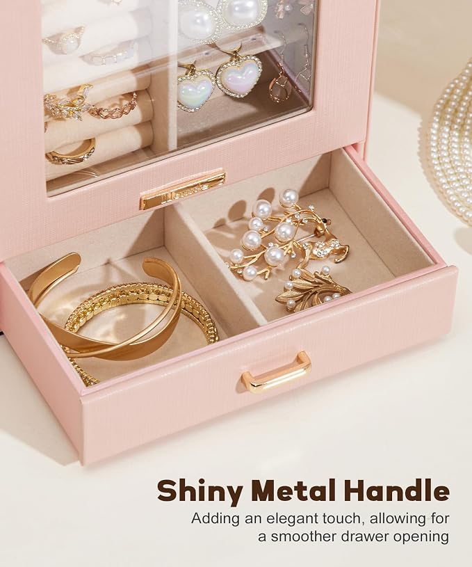Homde Display Jewelry Box for Girls: Starter Organizer with Clear Window | Vertical Drawers for Earrings Rings Necklaces - Compact Footprint Fits Small Vanities - Birthday&Graduation Gift for Teens