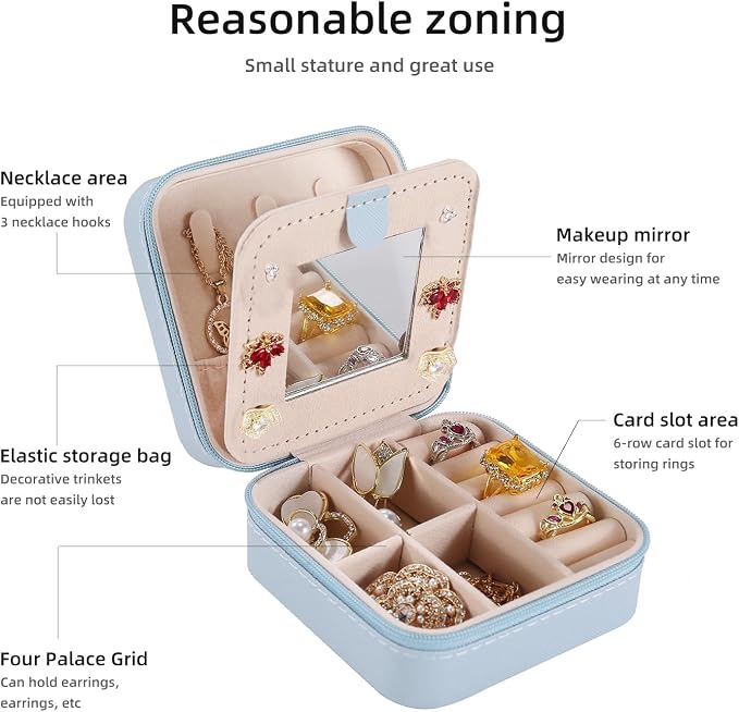 KElofoN Travel jewelry case Travel jewelry box Travel Jewelry Organizer Small Jewelry Organizer Box for Girls Women with Mirror (Sky blue-5)