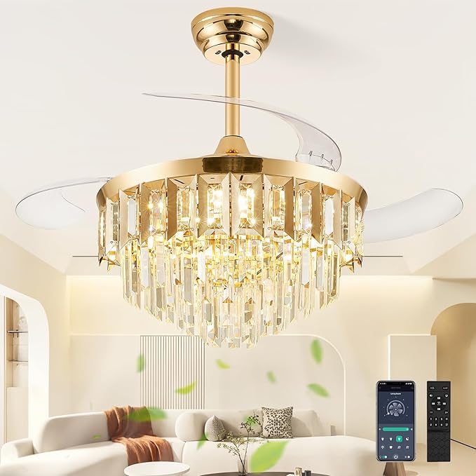 TXCSLY 48" Fandelier Ceiling Fan with Light, Crystal Chandelier Fan with Retractable Blades Dimmable Crystal Ceiling Fan Chandelier for Bedroom Living Room Dining Room-Gold