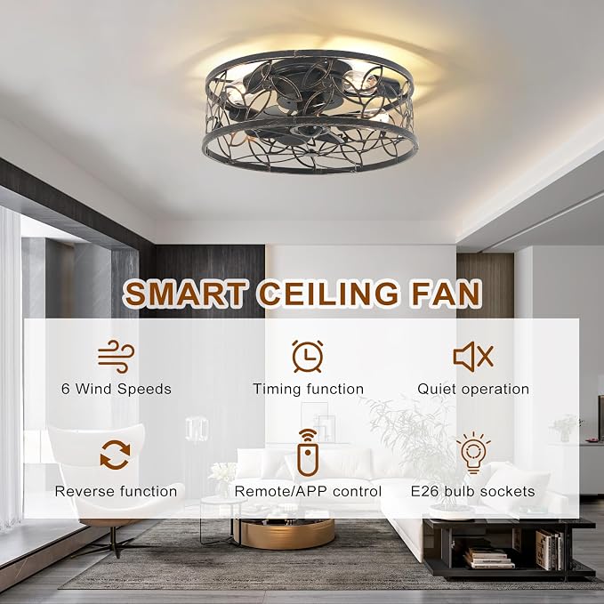 Garwarm Caged Ceiling Fan with Light,18in Rustic Industrial Ceiling Fans with Lights and Remote,Bladeless Fandelier Ceiling Fan,Small Flush Mount Ceiling Fan for Kitchen,Bedroom(6 Speed,Timing)-Bronze