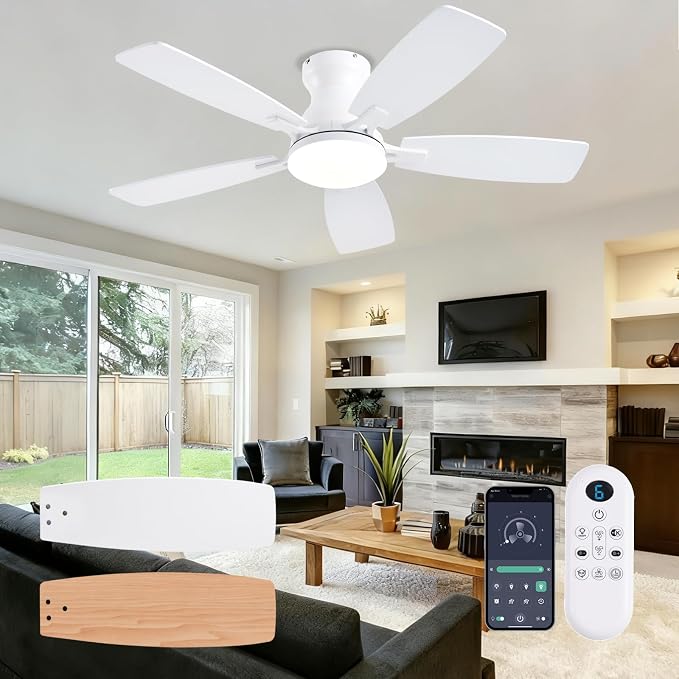 NKPU Ceiling Fans with Lights, Low Profile Ceiling Fan with Light and Remote/APP Control, DC Motor, Noiseless, Flush Mount, 42inch White Ceiling Fan for Bedroom Indoor/Outdoor Use