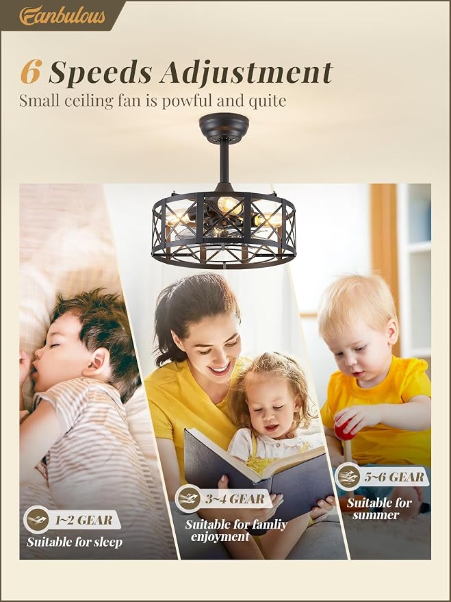 Fanbulous 16in Black Fandelier Ceiling Fans with Lights and Remote, Caged Enclosed Farmhouse Ceiling Fan with 6 Speeds and Timing, Small Bladeless Chandelier Fan Lights Ceiling Fixtures-Black