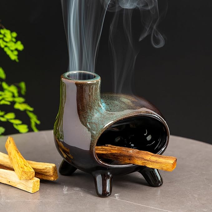 MOUGIGI Handcrafted Ceramic Palo Santo Holder Burner with Green Glaze - Modern Footed Pottery Incense Chimney Dish - Great for Meditation - Wood Sticks, Sage, Ash Catcher Bowl, Cone Compatible.
