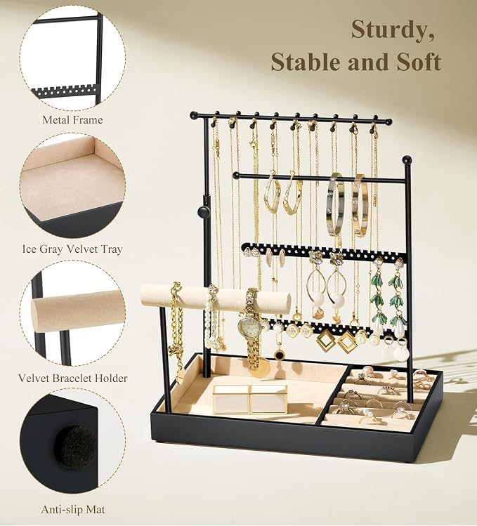 Emibele Jewelry Necklace Holder, 5 Tier Jewelry Organizers and Storage | Earring Bracelet Holder, Jewelry Display with Metal Frame Velvet Ring Tray, Aesthetic Jewelry Stand Gifts for Women, Black
