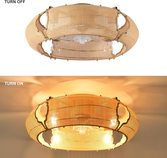 Ganeed 20.86" Boho Caged Ceiling Fan with Lights and Remote, Flush Mount Low Profile Rattan Ceiling Fans with Lights, Enclosed 6 Speeds Farmhouse Woven Ceiling Fan for Bedroom, Living Room, Kitchen