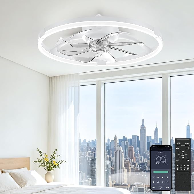 20'' Low Profile Ceiling Fan with Lights, Ceiling Fans with Lights and Remote, 3000-6500K Dimmable Modern Flush Mount LED Fan Lights, 6 Wind Speeds Ceiling Fans for Bedroom