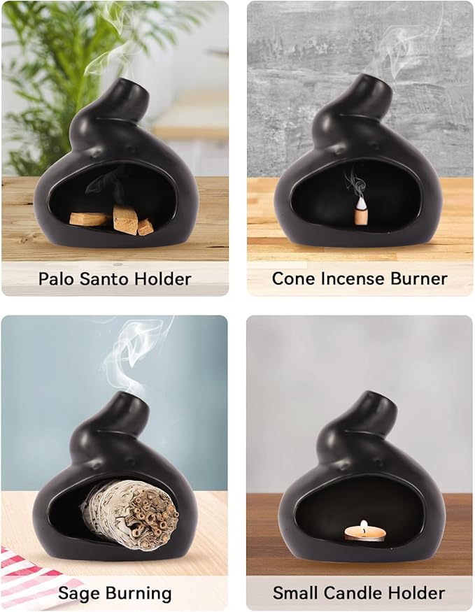 Handmade Ceramic Palo Santo Holder, Mini Ceramic Fireplace for sage, Ideal for Meditation and Altars – Durable Design for Sticks Burning, Unique Meditation Gift（Black）