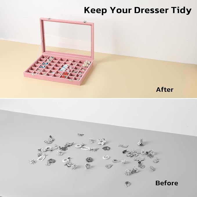 Frebeauty 48 Grid Earring Organizer,Velvet Jewelry Tray with Clear Lid | Drawer Jewelry Organizer for Rings Studs Beads,Adjustable Dividers,Dustproof,Earring Storage,Trinket Box,13.8×9.5Inches