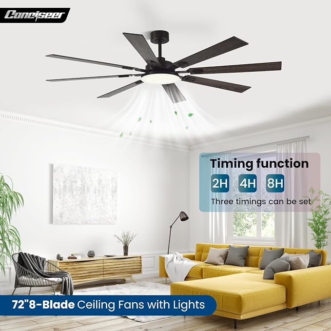 72 Inch Ceiling Fans with Lights and Remote, Dual Color 8 Blades, Bedroom Living Room Office Library Cafe Outdoor Industrial, 3CCT Dimmable, 6 Speed Reversible Quiet DC Motor, Brown/Wood Grain