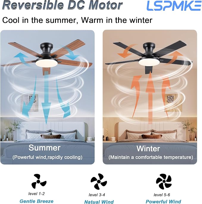 Flush Mount Ceiling Fans with Lights, 52" Ceiling fan with Remote Control, Low Profile Ceiling Fan with 3CCT, Dimmable, Noiseless DC Motor, Modern Fan Light Fixture for Bedroom, Kitchen, Brown