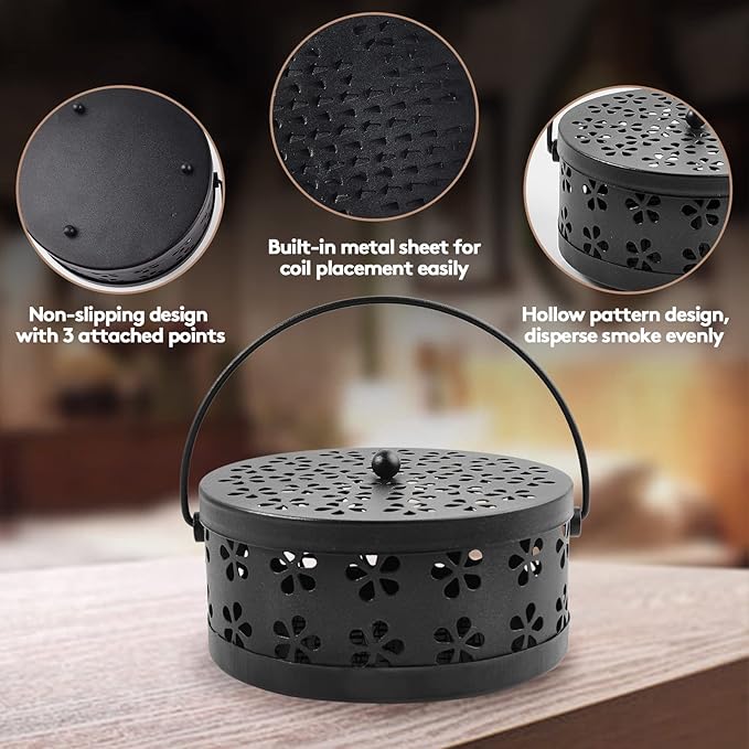 4 Pieces Mosquito Coil Holder Incense Coil Burner Indoor Outdoor Camping Use Portable Mosquito Repellent Coil Holder Incense Burner Holder (Black Blossom)