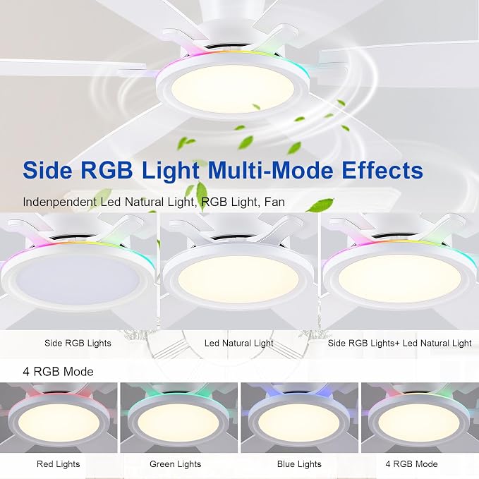 BYKISTOK 55In Flush Mount Ceiling Fan with RGB Light - White Modern Ceiling Fan with 6 Dual-Sided Blades, Reversible DC Motor, Low Profile Fan Light Fixture for Indoor Bedroom, Outdoor Patios