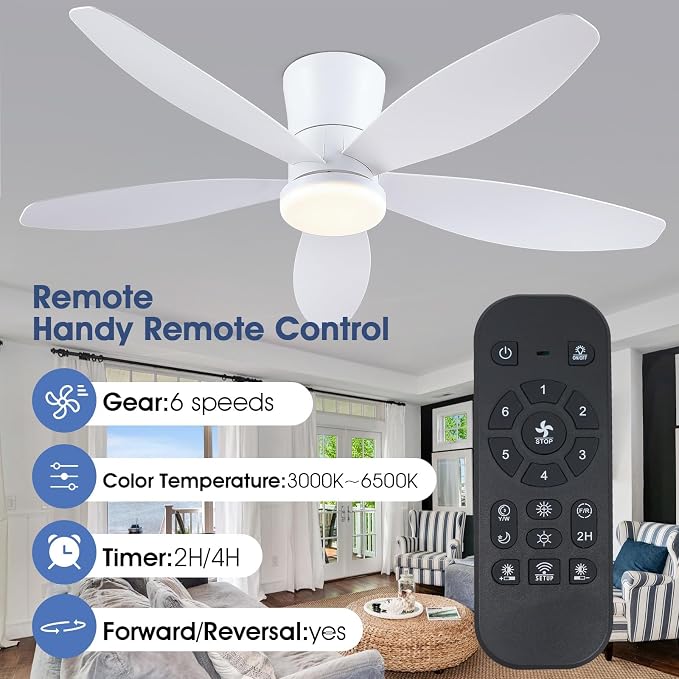 Surtime 48" Ceiling Fans with Lights-Low Profile Ceiling Fan with Light and Remote/APP Control,Flush Mount,DC Reversible,LED Dimmable Modern Ceiling Fans for Bedroom,Indoor/Outdoor Patio Use(White)