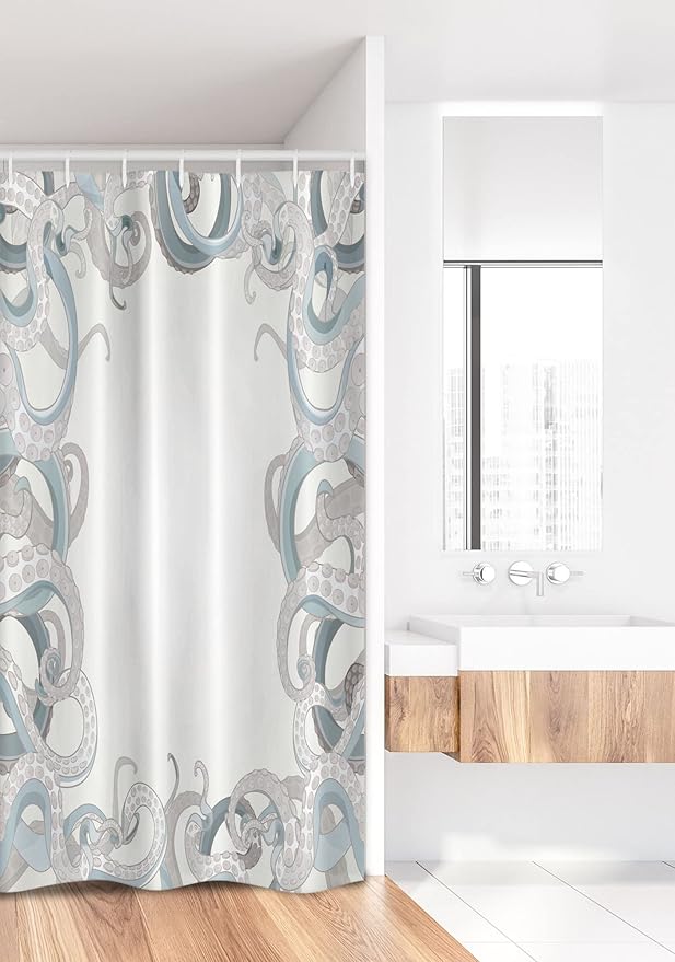 Ambesonne Octopus Stall Shower Curtain, Background of Octopus Tentacles Aquatic Under The Sea Art Illustration Marine Life, Fabric Bathroom Decor Set with Hooks, 36" W x 72" L, Grey Blue