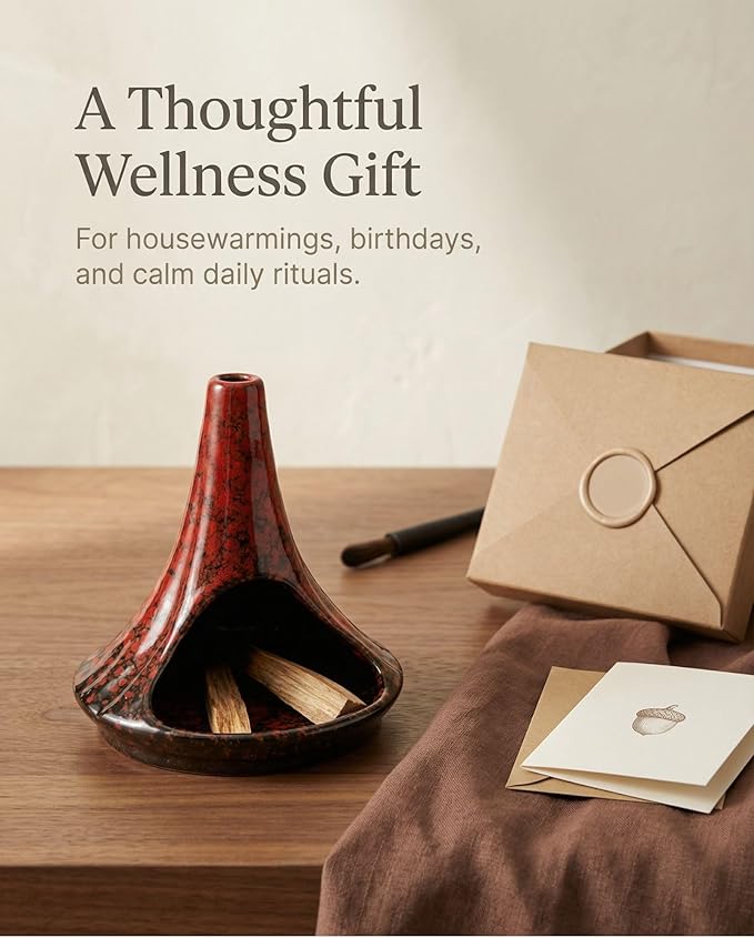 Ceramic Palo Santo Holder & Ash Catcher with Mini Chimney, Incense Holder & Sage Burner, Wabi-Sabi Home Decor for Meditation & Yoga(Rust Ember)